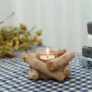 Rustic Wooden Candle Holder With Glass Cup And Tea Light Natural Driftwood Handmade Creative Table Centerpiece Decor