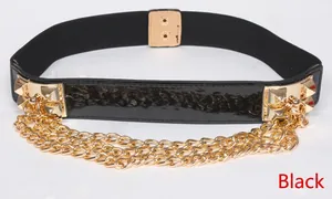 Fashionable black elastic waist belt with gold punk rivets and three layered metal chains