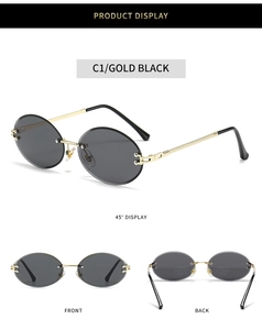 Detailed views of gold-tone metal spiral temples and dark lenses on rimless oval sunglasses