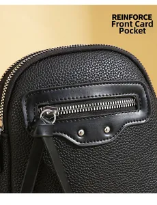 Detailed close-up of a black lychee leather phone bag with zipper pocket and silver rivets