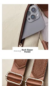 Detail view of anti-theft back zipper pocket and adjustable metal strap buckles on leather bag