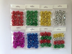 Bulk set of 1-inch metallic Christmas star bows in various colors with hanging header bags