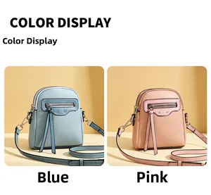 Detail display of blue and pink mini crossbody bags with decorative tassels and studs