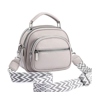Light grey pebble grain shoulder bag with wide woven strap and three zipper compartments