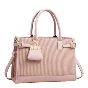 Elegant pink woven leather handbag with dual handles and adjustable crossbody strap