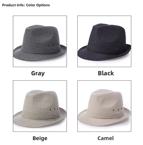 Detailed color selection showing plaid fedora hats in black, grey, beige, and camel colors