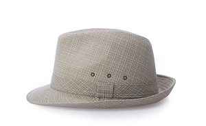 Close-up of woven fabric texture and metal side eyelets on classic fedora sun hat