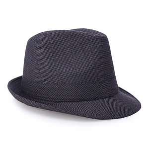 Classic dark grey patterned fedora hat with woven texture and a decorative band