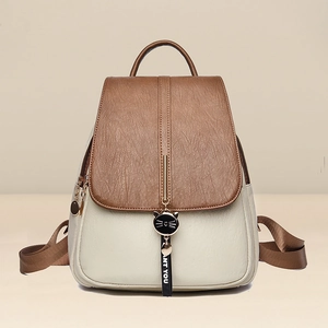 Fashion Women PU Leather Backpack Contrast Color Litchi Pattern Large Capacity Travel School Bag With Metal Charm And Ribbon