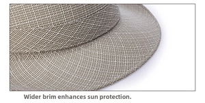 Close-up of the breathable khaki woven texture and wide brim of the summer sun hat