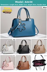 Detailed size guide for tote bag model A8698 featuring dimensions and six color options