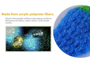Macro detail of acrylic polyester fibers on a blue-green strawberry dish scrubber