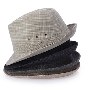 Men's summer woven fedora sun hats available in khaki, black, and dark grey colors
