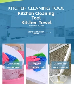 Three scenes showing durable crochet dishcloth cleaning greasy surfaces and kitchenware