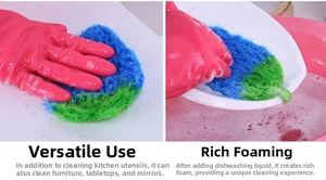 Detail of pink and blue scouring pad creating rich foam for kitchen cleaning use