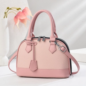 Pink patchwork canvas handbag with macaron tones and detachable shoulder strap