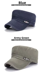 Detailed close-up of blue and army green washed cotton flat top caps with metal rivets