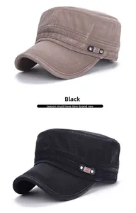 Close-up of vintage washed cotton flat top military caps in brown and black colors