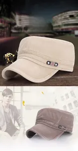 Detail view of cotton cadet caps in beige and brown with metal fashion buckle accents