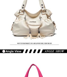Detail of off-white PU leather tote with woven texture handle and double tassels