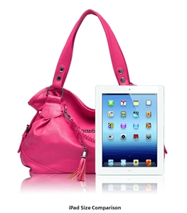 Detailed comparison of the pink fringe shoulder bag size next to an iPad device