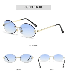 Detailed multi-angle views of rimless oval sunglasses with blue gradient lenses and gold frame