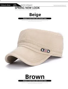 Close-up of beige flat top military cap showing fabric texture and metal side detail