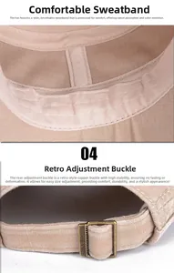 Detail of khaki cotton flat cap with widened sweatband and retro brass adjustment buckle