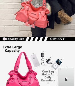 Detailed view of large capacity pink tassel handbag showing interior storage space