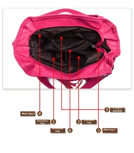 Detailed interior view of soft leather tote bag with multiple compartments and logo lining