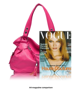 Rose pink pebbled leather hobo bag shown next to a magazine for A4 size comparison