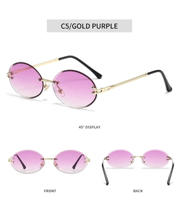 Frameless oval sunglasses in gold purple gradient showing front side and back views