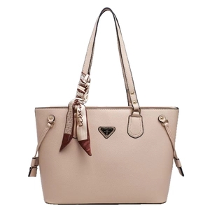 Beige faux leather tote bag with vintage scarf handle and gold hardware detail