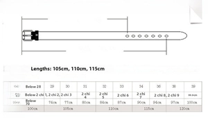 Size guide for women leather belt with length measurements from 100cm to 120cm