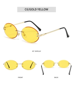 Detailed views of rimless oval sunglasses with gold metal temples and yellow lenses