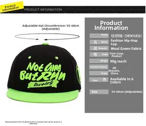 Detail of adjustable black and green hip hop hat showing 55-60cm circumference and embroidery