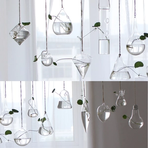 Hanging glass hydroponic vases in multiple shapes with green plants for home decor