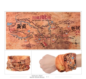 Detail of outdoor multi-functional scarf with Sichuan-Tibet route map print design