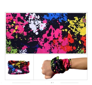 Detail view of colorful splatter print neck gaiter worn as wristband and flat layout