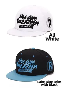 Detail of flat brim baseball caps featuring 'Not Going But Run' 3D embroidery textures