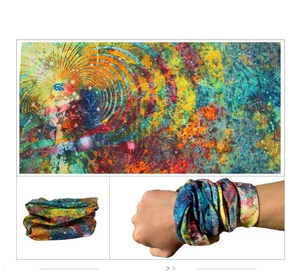 Detail showing colorful seamless magic bandana used as neck gaiter or wristband