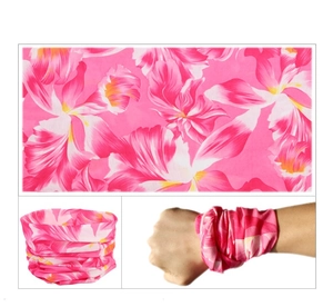 Detail view showing seamless magic bandana with pink floral pattern in various styling modes