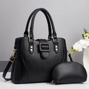 Women Fashion Striped PU Leather Shoulder Bag Large Capacity Bucket Handbag 2-Piece Set With Matching Pouch Gold Hardware Chain Commute Tote Bag