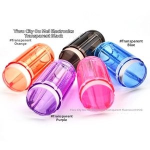 Detailed view of clear nail art stampers in five vibrant colors with anti-slip handles