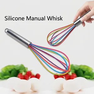 Rainbow silicone manual whisk with stainless steel handle for baking and mixing eggs