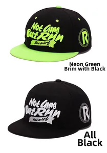 Flat brim baseball cap with Not Going But RUN embroidery in Neon Green and Black
