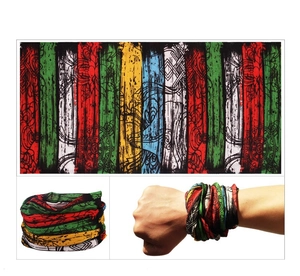 Versatile seamless neck gaiter showing multi-functional styling as headband and wristband