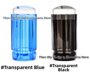 Detail view of clear silicone nail stamps in transparent blue and smoky black colors