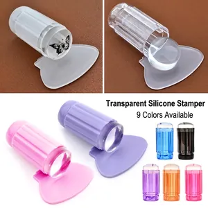 Nail art stamp set with clear silicone head and colorful handles in nine vibrant options