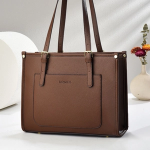 Sac Fourre-Tout Pour Femmes En Cuir PU Grande Capacité Grain De Litchi Sac À Main Avec Poche Avant Matériel Doré Réglable